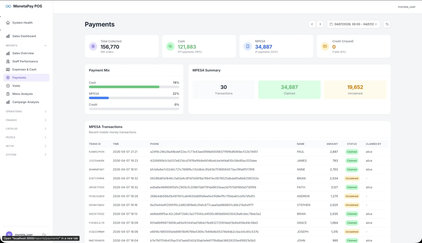 Payments dashboard showing cash, M-PESA, and credit breakdown with transaction log